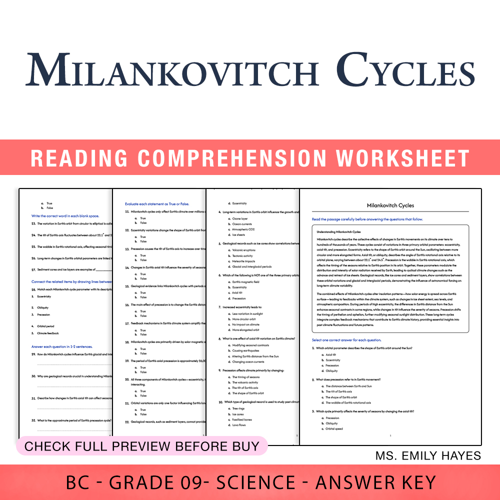 Grade 9 Science worksheet worksheet — 9th Grade Science | Milankovitch Cycles Worksheet (PDF+ Answer Key) — page 1