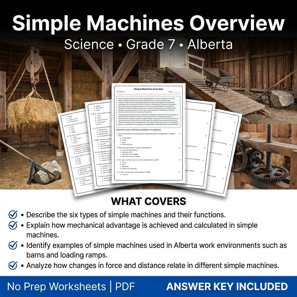 Grade 7 Science Worksheet | Simple Machines Overview | Alberta Standards