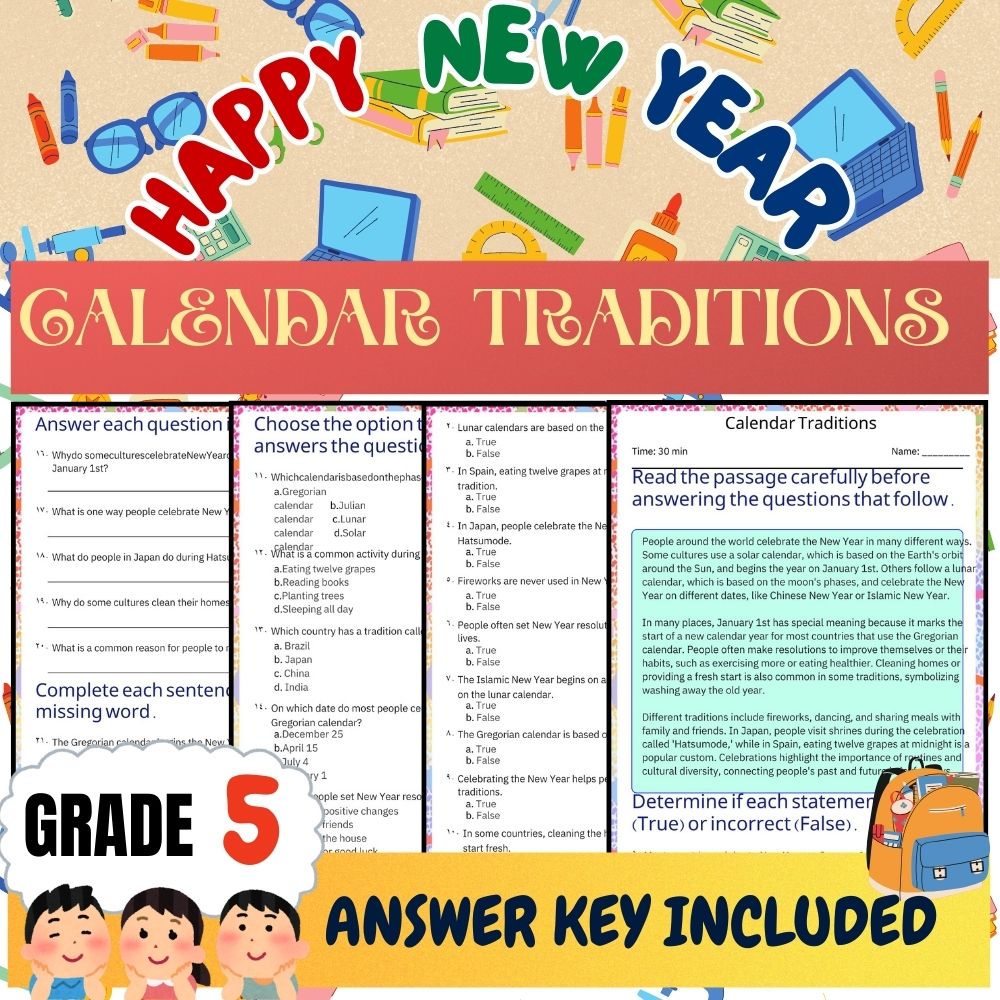 Grade 5 Seasonal Unit|Celebrations, Traditions, Goals & Calendars Worksheet Pack — included worksheet 1