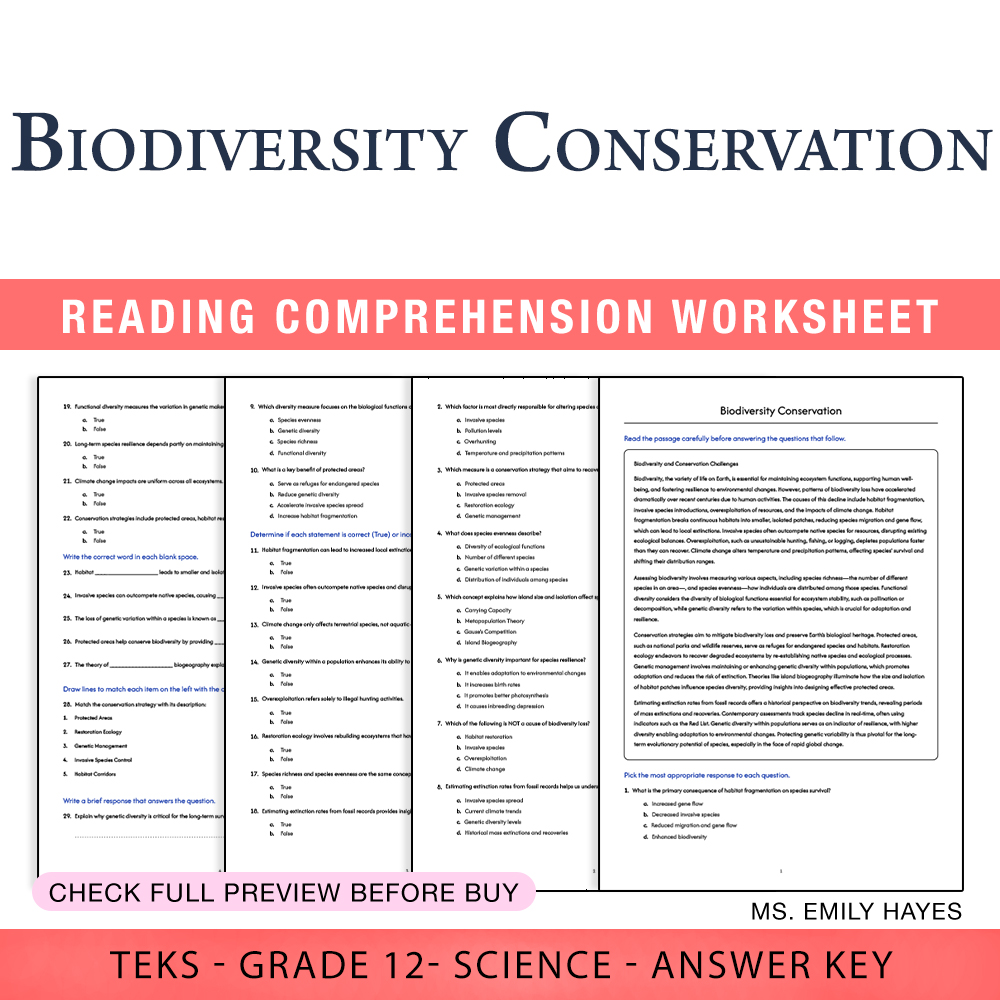 Grade 12 Science worksheet worksheet — 12th Grade Science | Biodiversity Conservation Worksheet (PDF+ Answer Key) — page 1