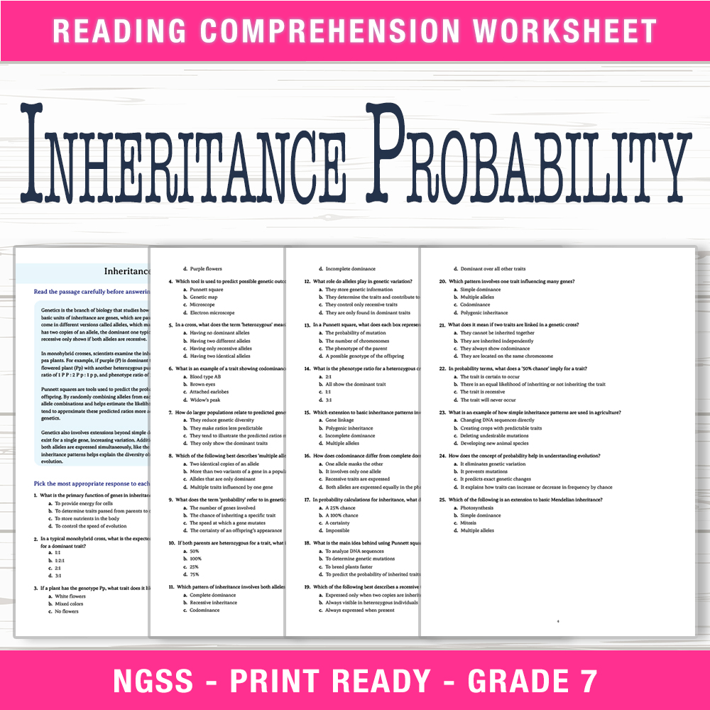 Grade 7 Science worksheet worksheet — Grade 7 Science – Inheritance Probability Worksheet (PDF + Answer Key) — page 1
