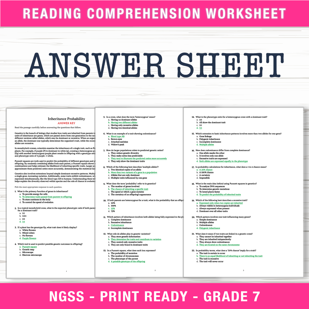 Grade 7 Science worksheet worksheet — Grade 7 Science – Inheritance Probability Worksheet (PDF + Answer Key) — page 2