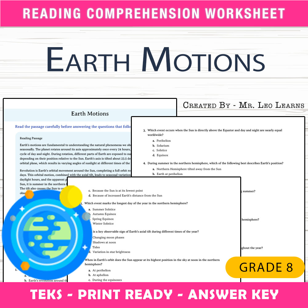 Grade 8 Science worksheet worksheet — Grade 8 Science – Earth Motions Worksheet for Mastering Earth’s Movements — page 1