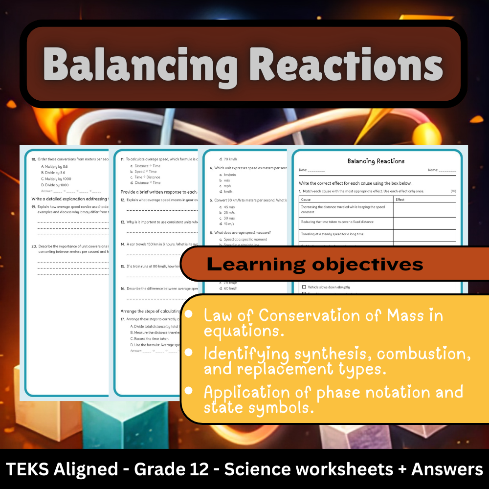 Grade 12 Science | Balancing Reactions Worksheet (Answer Key) – TEKS Standards