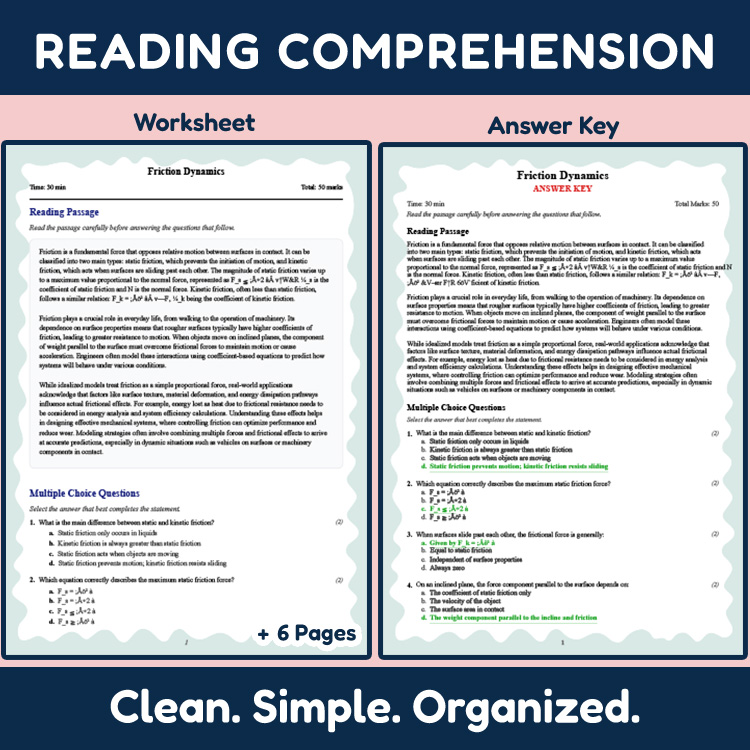 Grade 10 Science reading worksheets worksheet — Grade 10 Science | Friction Dynamics Reading Worksheet (PDF + Answer Key)…