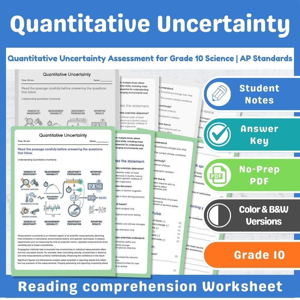 Grade 10 Science assessment worksheet — Quantitative Uncertainty Assessment for Grade 10 Science | AP Standards — page 1