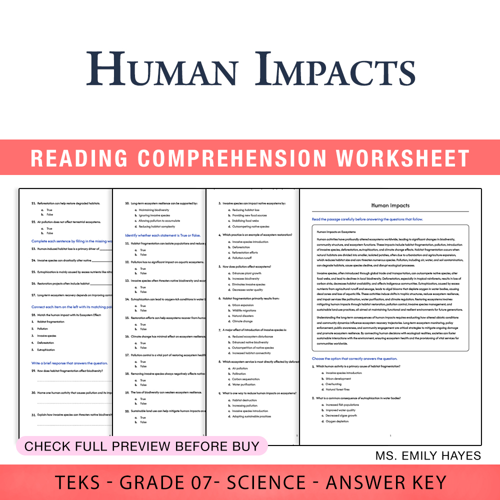 Grade 7 Science worksheet worksheet — Grade 7 Science | Human Impacts Worksheet (PDF+ Answer Key) — page 1