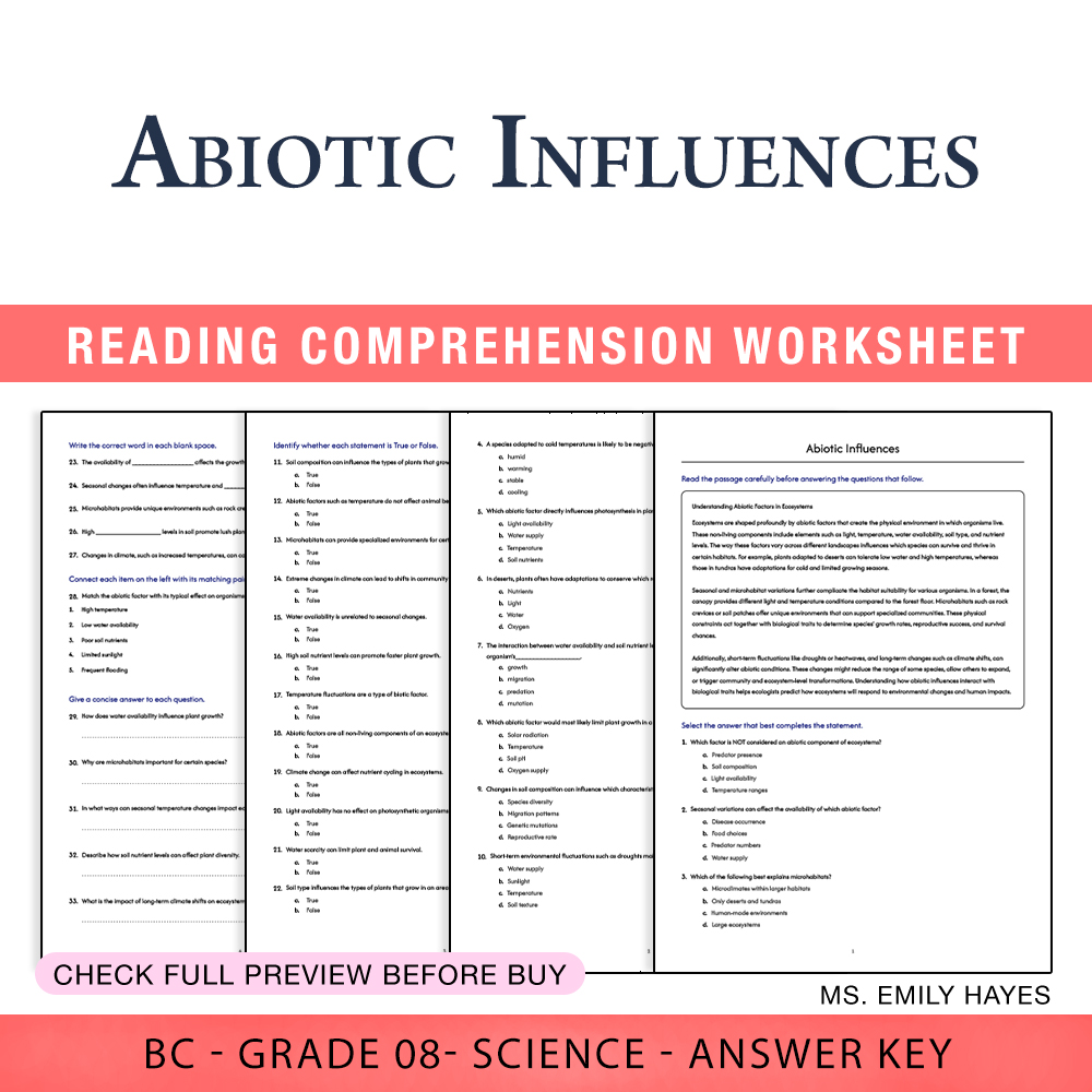 Grade 8 Science worksheet worksheet — 8th Grade Science | Abiotic Influences Worksheet (PDF+ Answer Key) — page 1