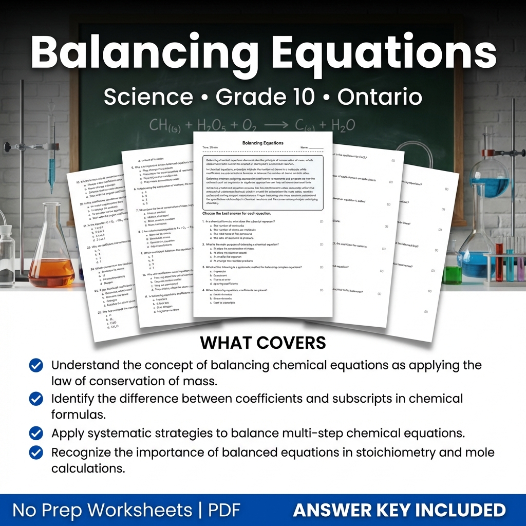 Balancing Equations Worksheet for Grade 10 Science Ontario Standards