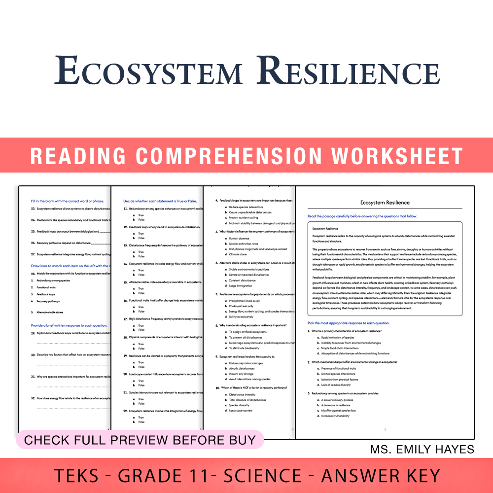 Grade 11 Science worksheet worksheet — Grade 11 Science | Ecosystem Resilience Worksheet (PDF+ Answer Key) — page 1