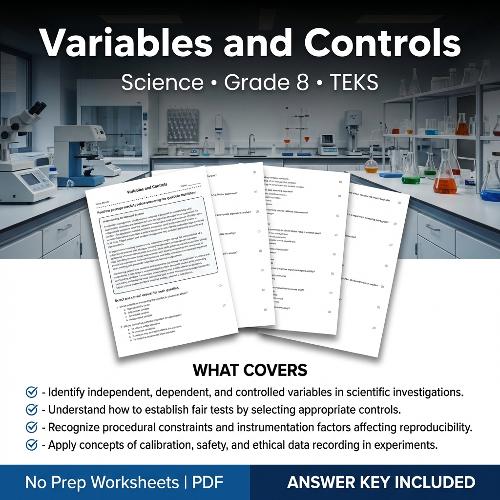 Variables and Controls Worksheet | Science Grade 8 TEKS Standards