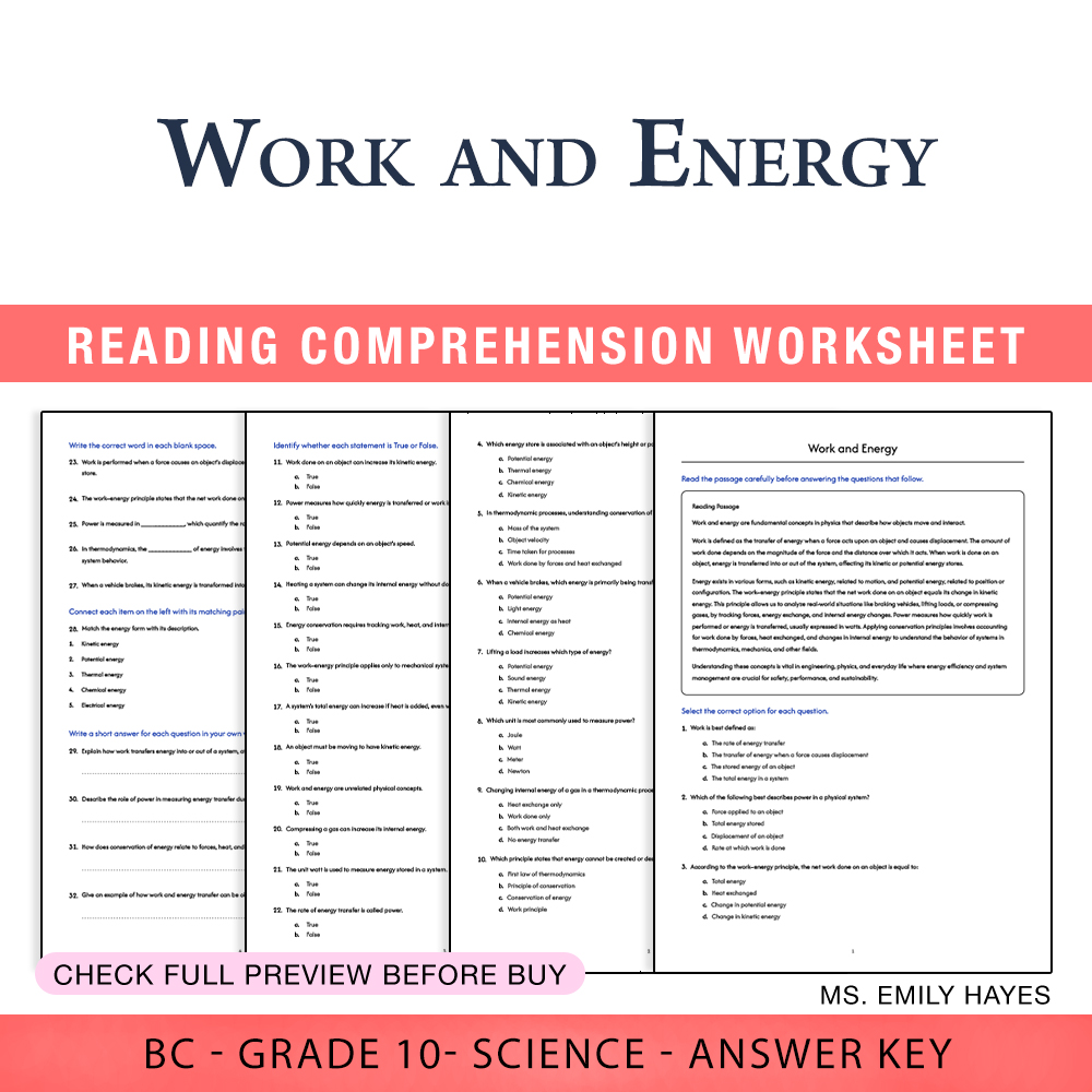 Grade 10 Science worksheet worksheet — Grade 10 Science | Work and Energy Worksheet (PDF + Answer Key) — page 1