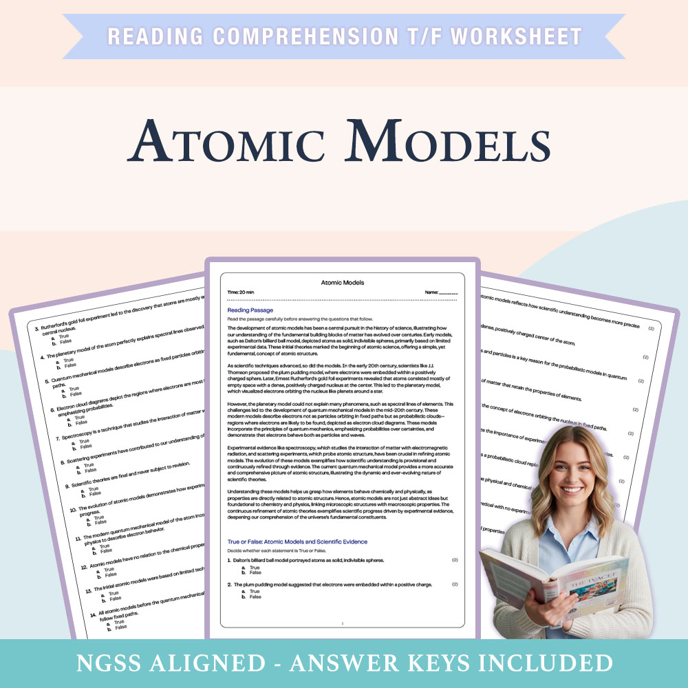 Science reading comprehensions true or false worksheet worksheet — Grade 7 Science | Atomic Models Worksheet (PDF +Answer…