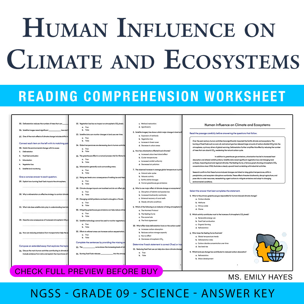 Grade 9 Science worksheet worksheet — Grade 9 Science | Human Influence and Ecosystems Worksheet (PDF + Answer Key) — page 1