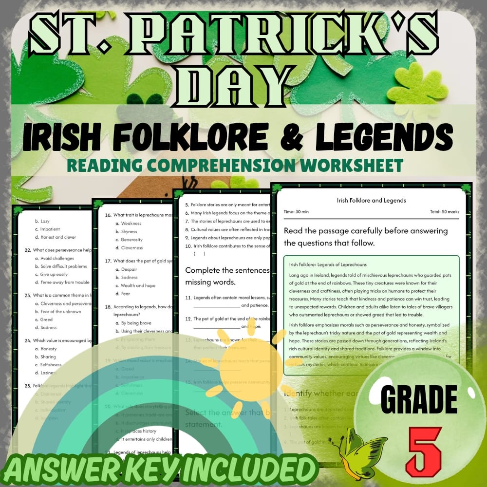 Grade 5 St. Patrick's Day Holiday Worksheets Bundle | March Custom Activities — included worksheet 2