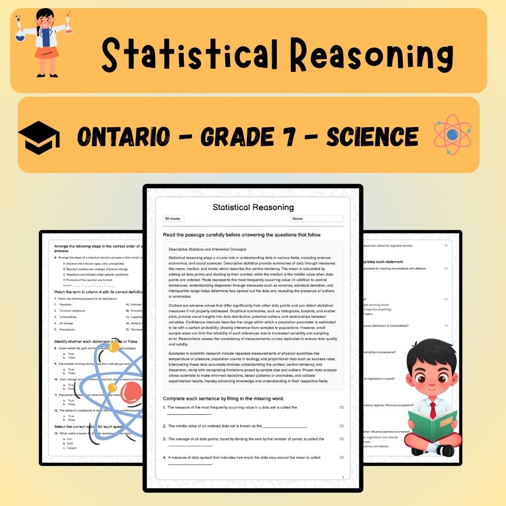 Grade 7 Science worksheet worksheet — Grade 7 Science – Statistical Reasoning Worksheet (PDF ) – Ontario Standards — page 1