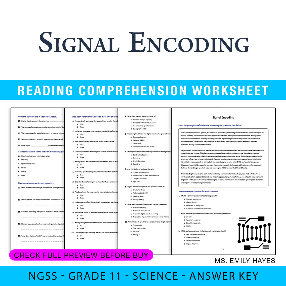 Grade 11 Science worksheet worksheet — Grade 11 Science | Signal Encoding Worksheet (PDF+ Answer Key) — page 1