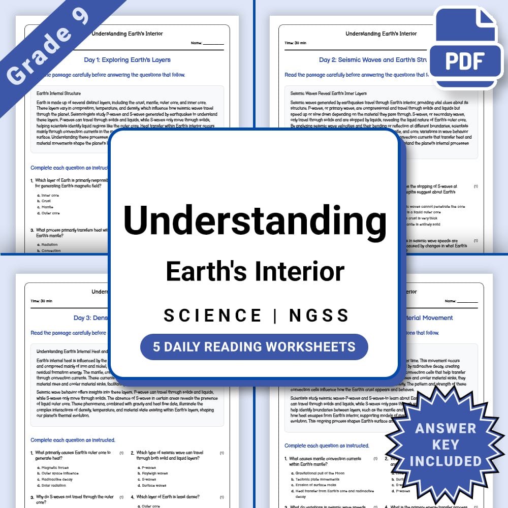 Grade 9 Science daily reading worksheet worksheet — Grade 9 Science – Earth's Interior Worksheet(PDF + Answer Key) — page 1