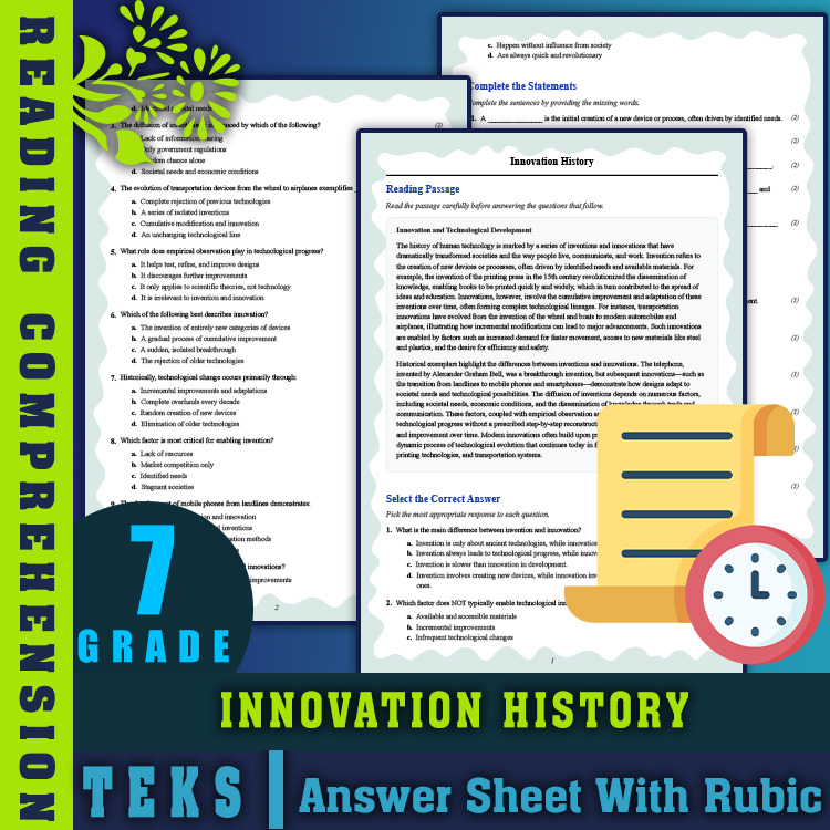 Grade 7 Science reading worksheets worksheet — Grade 7 Science Reading Worksheets | Innovation History TEKS Practice (PDF)…