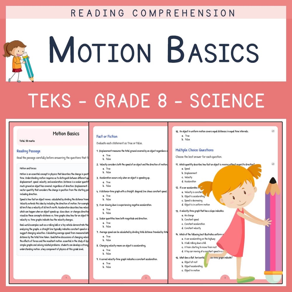 Grade 8 Science worksheet elena worksheet — Grade 8 Science | Motion Basics Worksheet | TEKS-Aligned — page 1