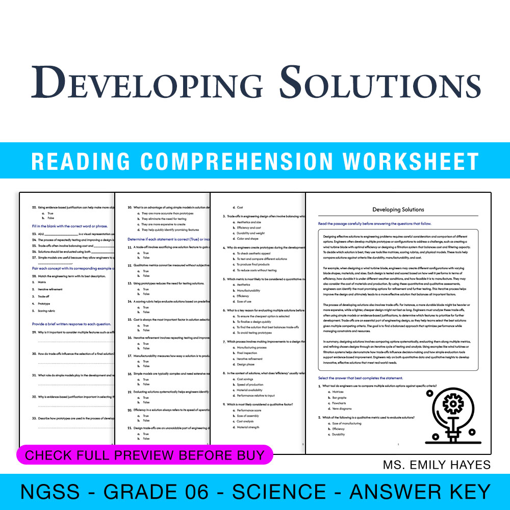 Grade 6 Science worksheet worksheet — 6th Grade Science | Developing Solutions Worksheet (PDF + Answer Key) — page 1