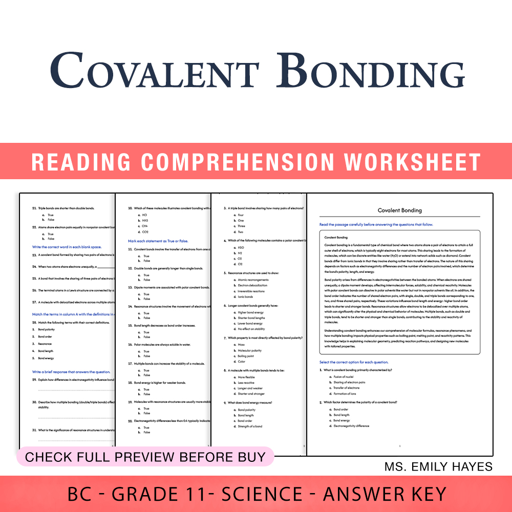 Grade 11 Science worksheet worksheet — Grade 11 Science | Covalent Bonding Worksheet (PDF + Answer Key) — page 1
