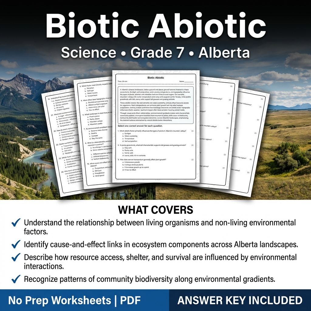 Grade 7 Science Worksheet | Biotic Abiotic | Alberta Standards | Worksheet