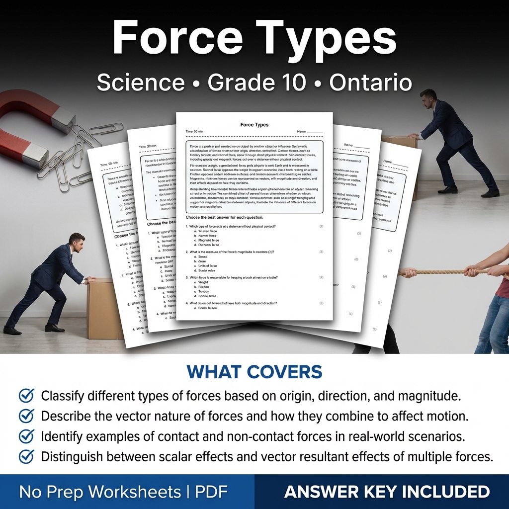 Force Types Science Worksheet for Grade 10 | Ontario Standards