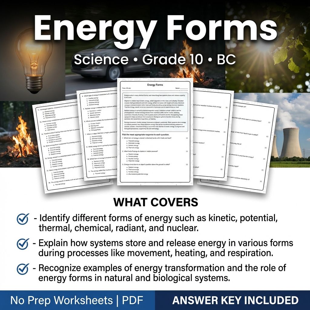10th Grade Science | Energy Forms Worksheet & Answer Key PDF (Printable)