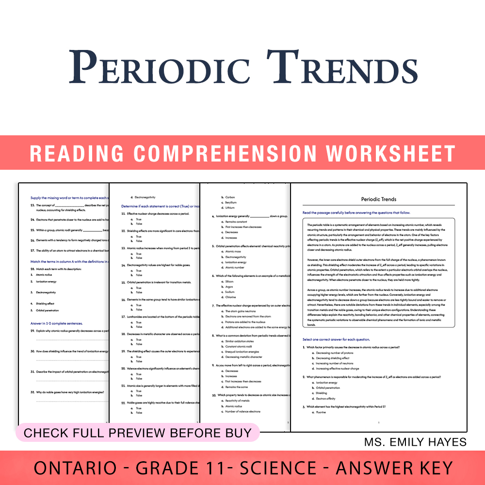Grade 11 Science worksheet worksheet — 11th Grade Science | Periodic Trends Worksheet (PDF + Answer Key) — page 1