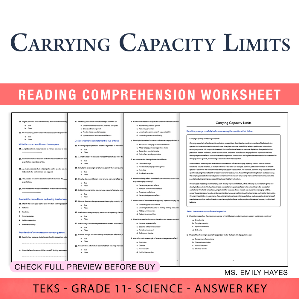 Grade 11 Science worksheet worksheet — 11th Grade Science | Carrying Capacity Limits Worksheet (PDF+ Answer Key) — page 1