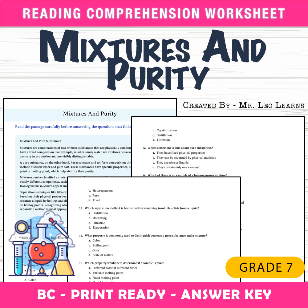Grade 7 Science worksheet mcq paper worksheet — Grade 7 Science — Mixtures & Purity Worksheet MCQ Paper — page 1