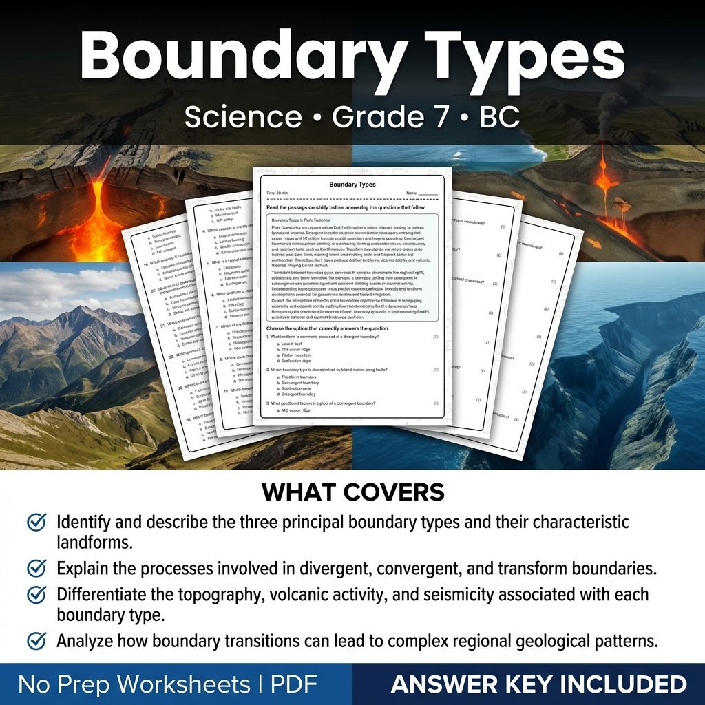 7th Grade Science | Boundary Types Worksheet & Answer Key (Printable PDF)