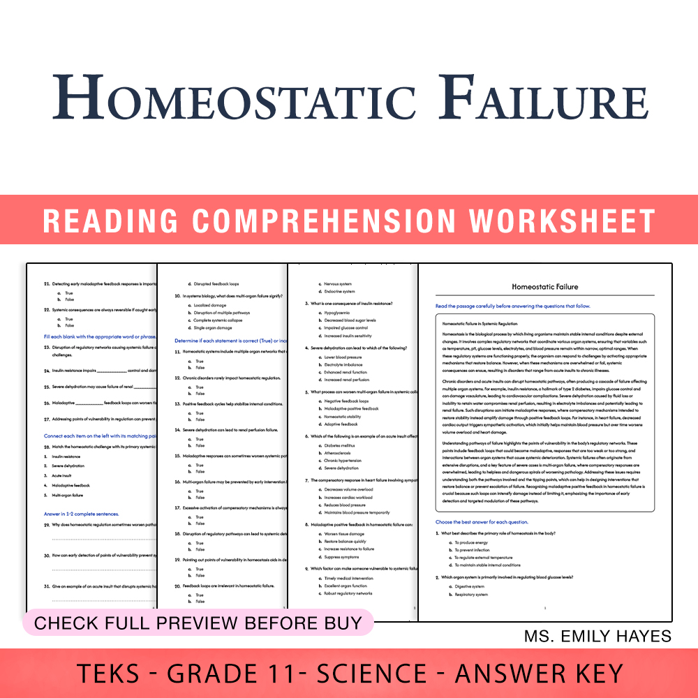 Grade 11 Science worksheet worksheet — 11th Grade Science | Homeostatic Failure Worksheet (PDF+ Answer Key) — page 1