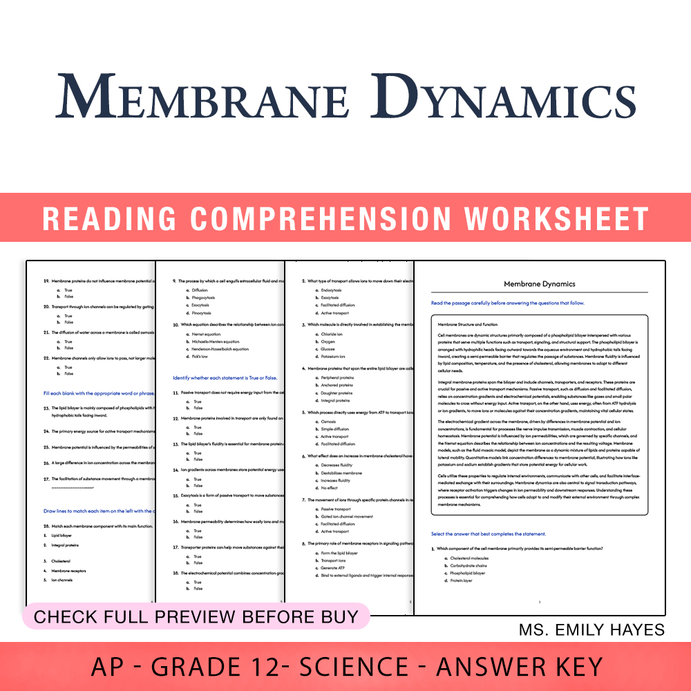 Grade 12 Science worksheet assessment worksheet — Grade 12 Science | Membrane Dynamics Worksheet (PDF+ Answer Key) — page 1