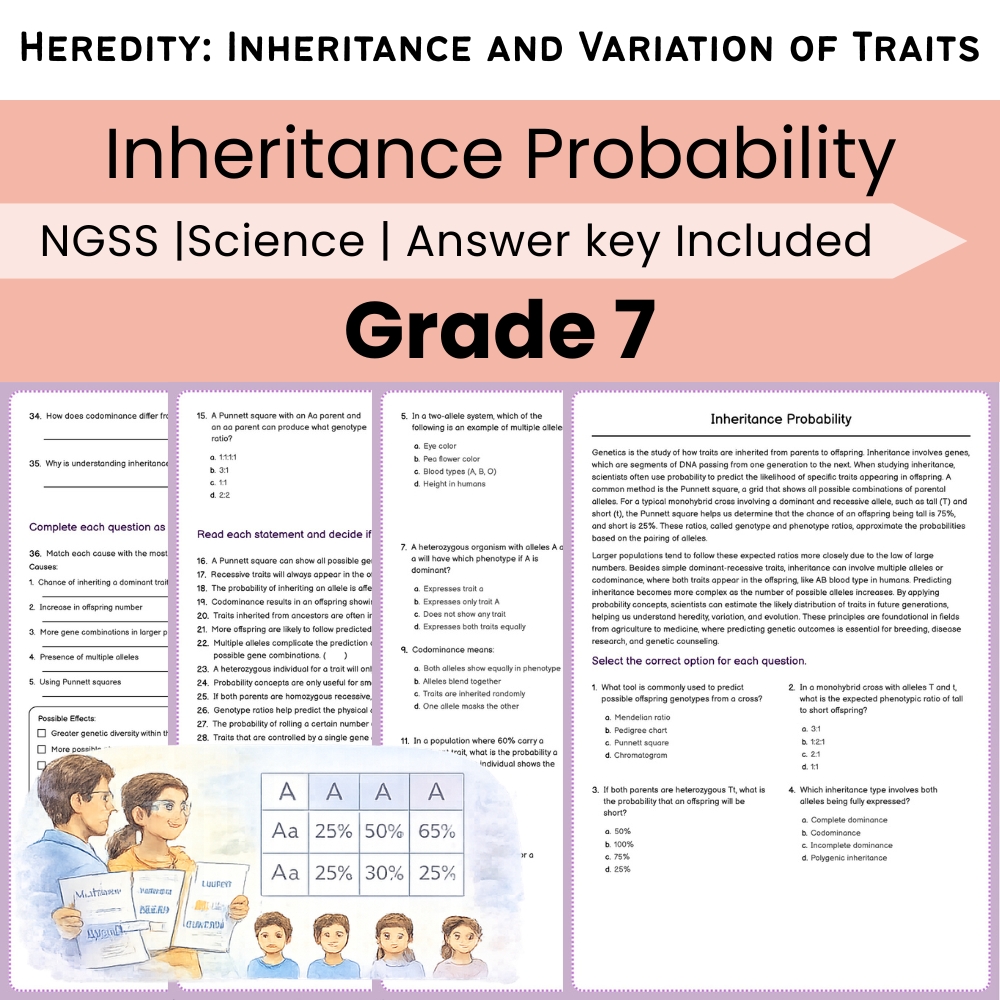 Grade 7 Science Worksheet Pack | Heredity and Trait Inheritance NGSS Bundle — included worksheet 1