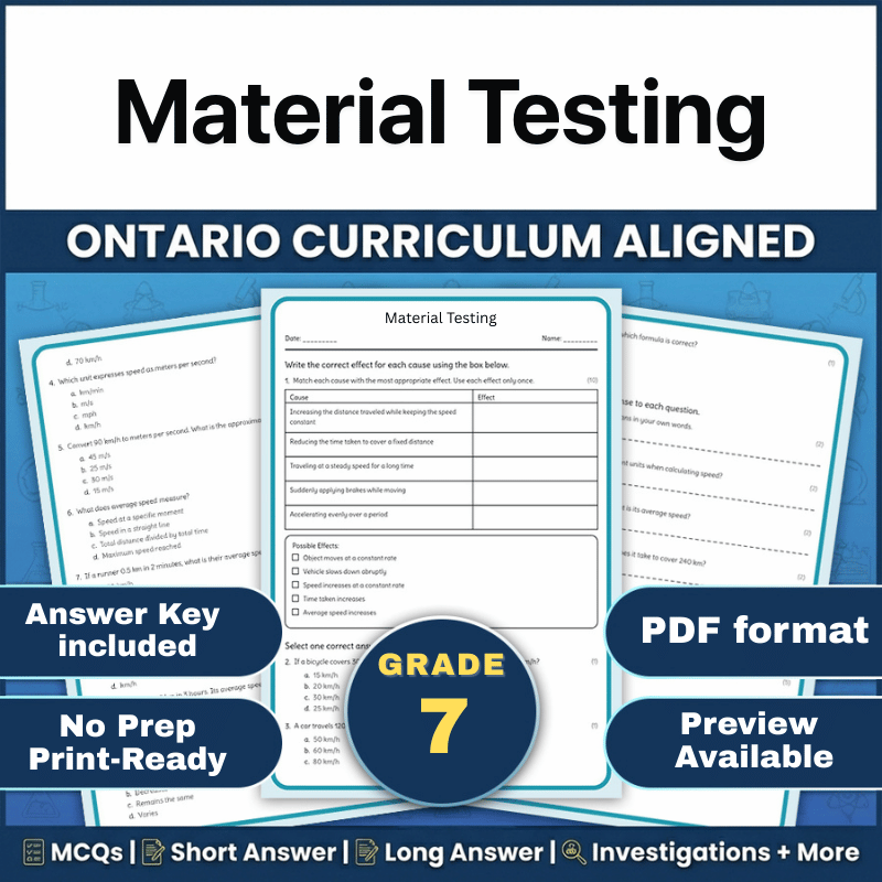 Grade 7 Science | Material Testing Worksheet (Ontario, PDF)