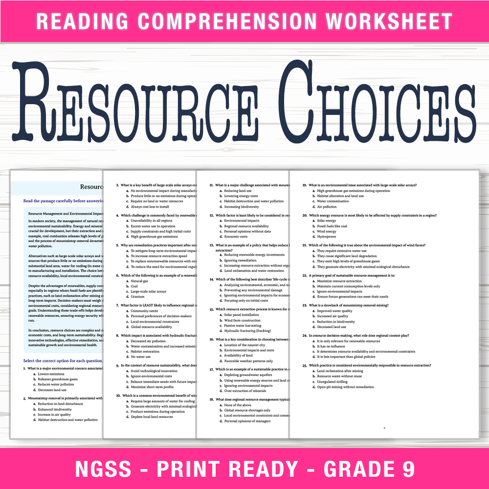 Grade 9 Science worksheet worksheet — Grade 9 Science | Resource Choices Worksheet (PDF + Answer Key) — page 1
