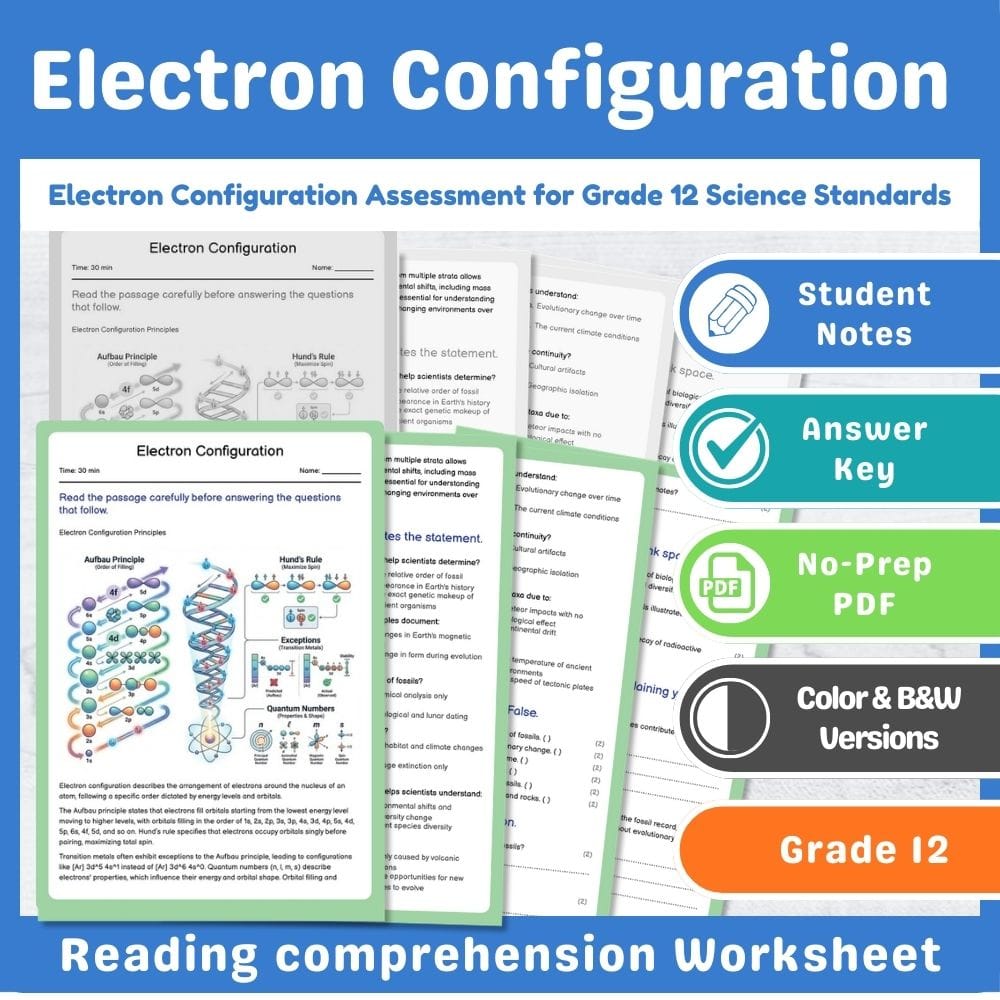 Grade 12 Science assessment worksheet — Electron Configuration Assessment for Grade 12 Science Standards — page 1