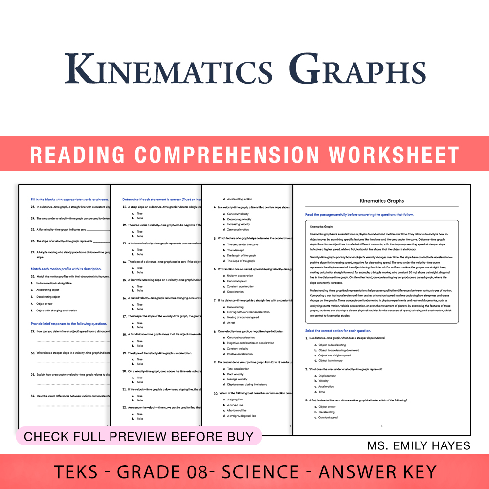 Grade 8 Science worksheet worksheet — 8th Grade Science | Kinematics Graphs Worksheet (PDF+ Answer Key) — page 1