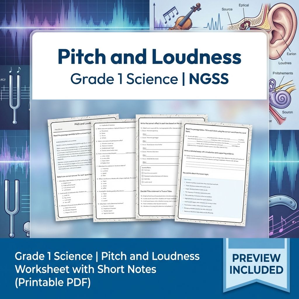 Grade 1 Science | Pitch and Loudness Worksheet with Short Notes (Printable PDF)