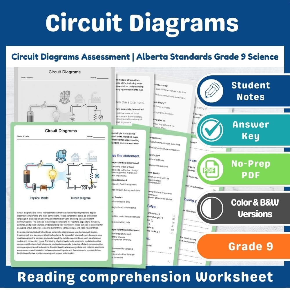 Grade 9 Science assessment worksheet — Circuit Diagrams Assessment | Alberta Standards Grade 9 Science — page 1