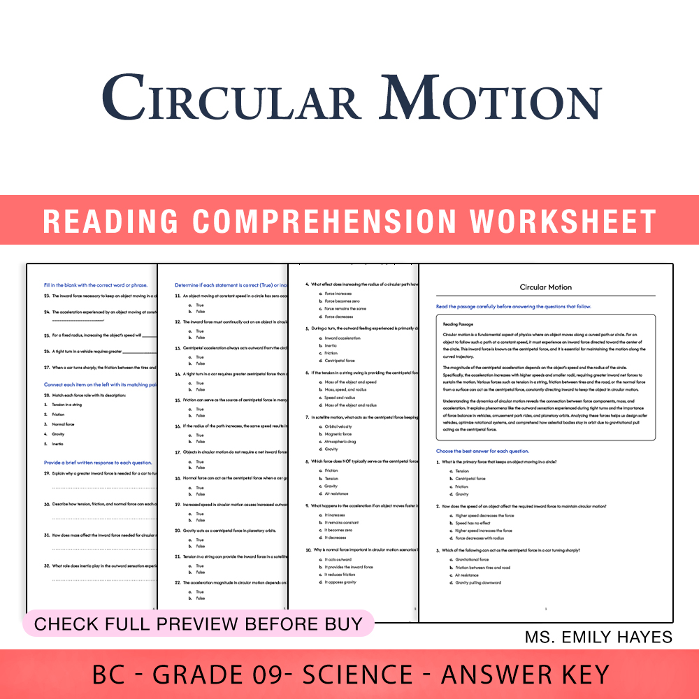 Grade 9 Science worksheet worksheet — Grade 9 Science | Circular Motion Worksheet (PDF+ Answer Key) — page 1