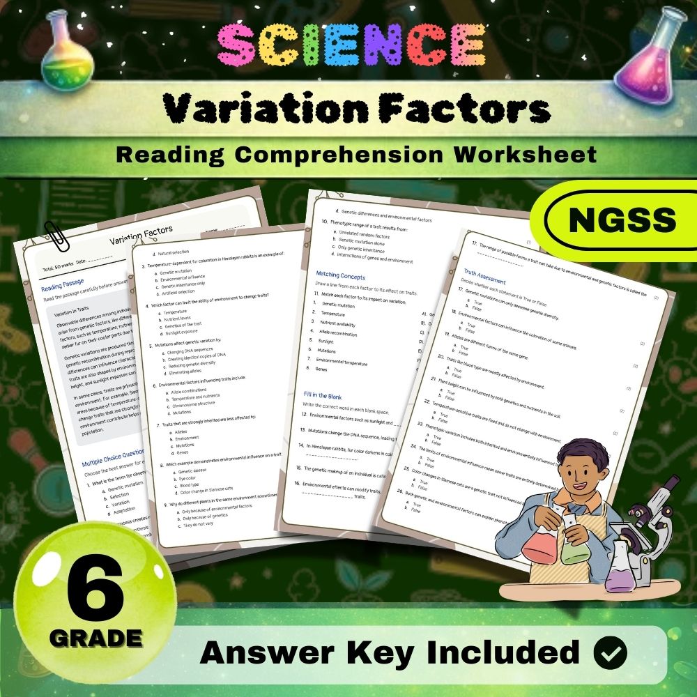Grade 6 Science | Variation Factors & Inheritance Modeling Worksheets (NGSS) — included worksheet 1