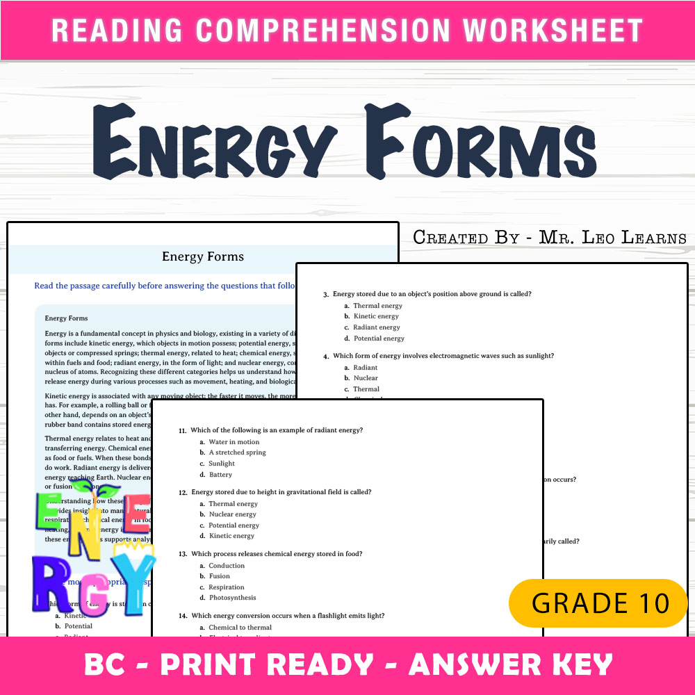 Grade 10 Science worksheet mcq paper worksheet — Grade 10 Science — Worksheet MCQ Paper for Mastering Energy Forms — page 1