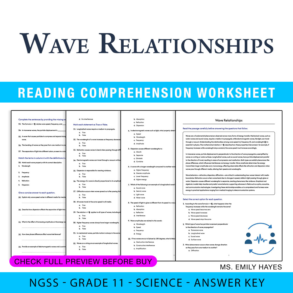 Grade 11 Science worksheet worksheet — 11th Grade Science | Wave Relationships Worksheet (PDF+ Answer Key) — page 1