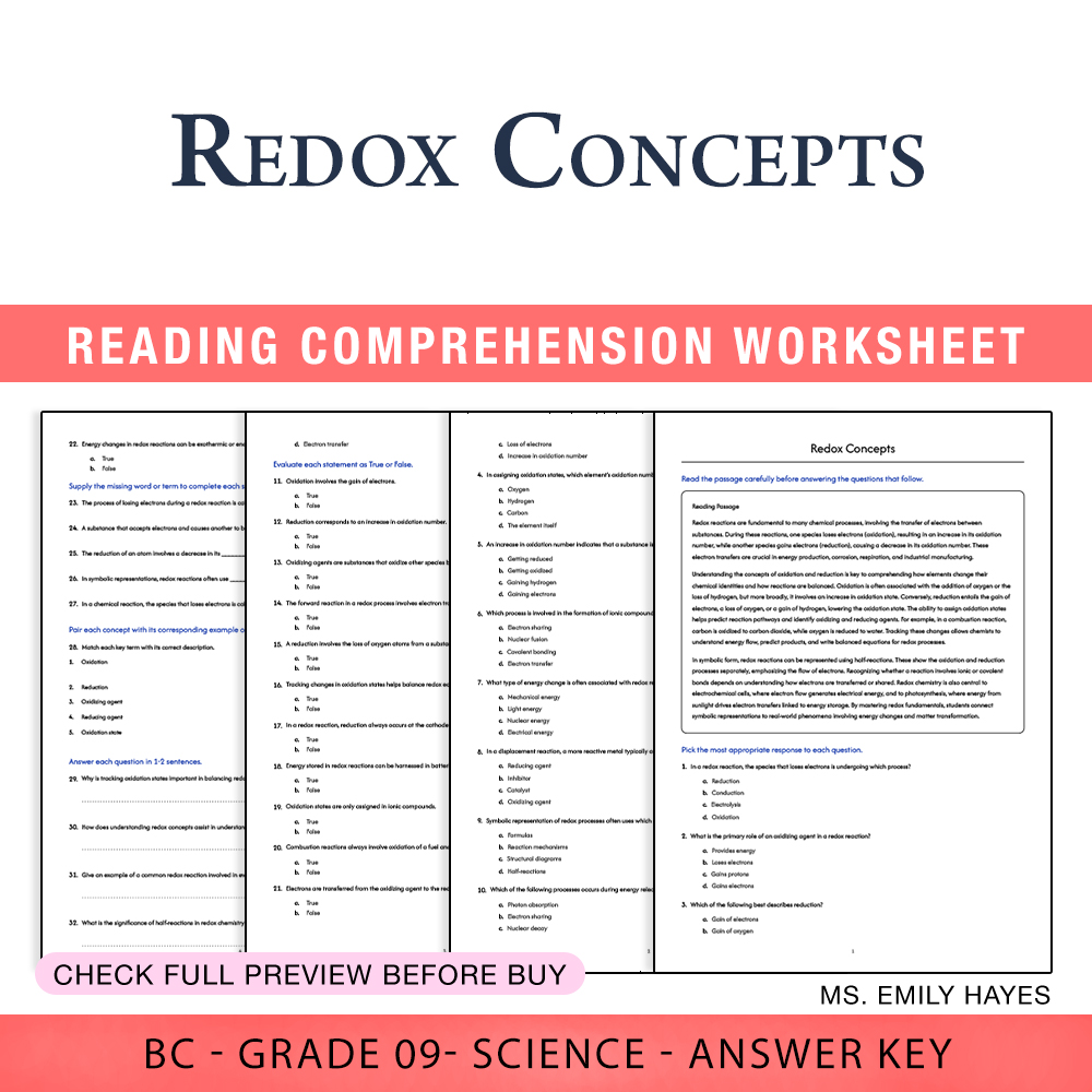Grade 9 Science worksheet worksheet — Grade 9 Science | Redox Concepts Worksheet (PDF+ Answer Key) — page 1