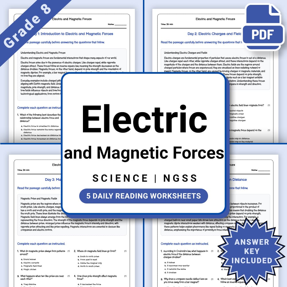 Grade 8 Science daily reading worksheet worksheet — Grade 8 Science – Electric and Magnetic Forces Worksheet(PDF + Answer…