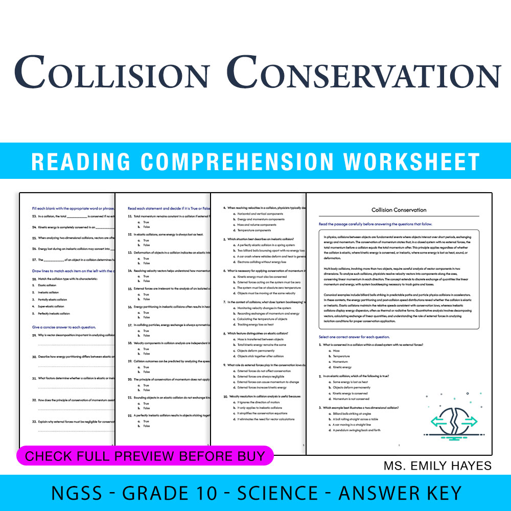Grade 10 Science worksheet worksheet — 10th Grade Science | Collision Conservation Worksheet (PDF+ Answer Key) — page 1