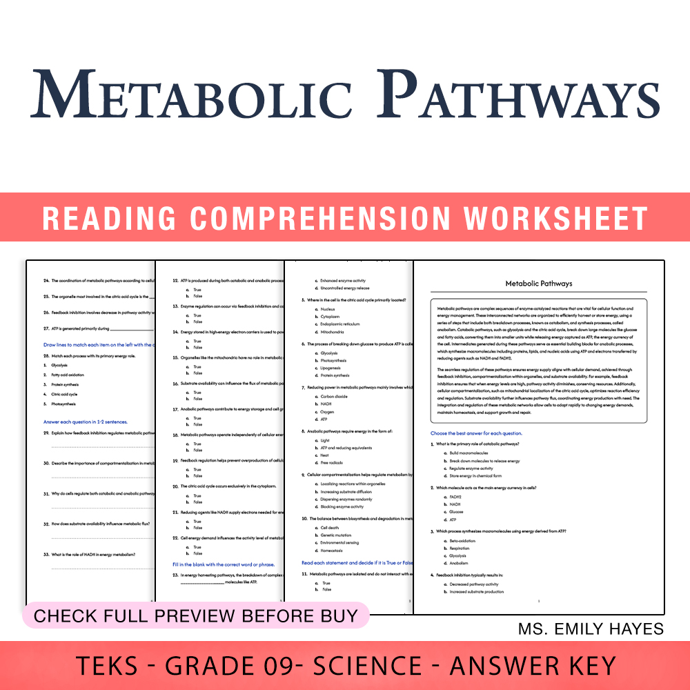 Grade 9 Science worksheet worksheet — 9th Grade Science | Metabolic Pathways Worksheet (PDF+ Answer Key) — page 1